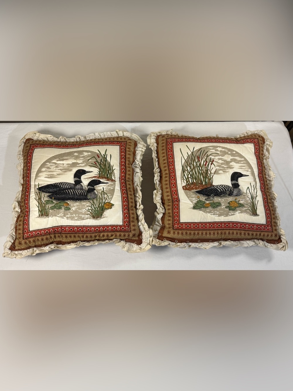 Set of 2 vintage handmade Pillow Pair lace trim cottage core quilted